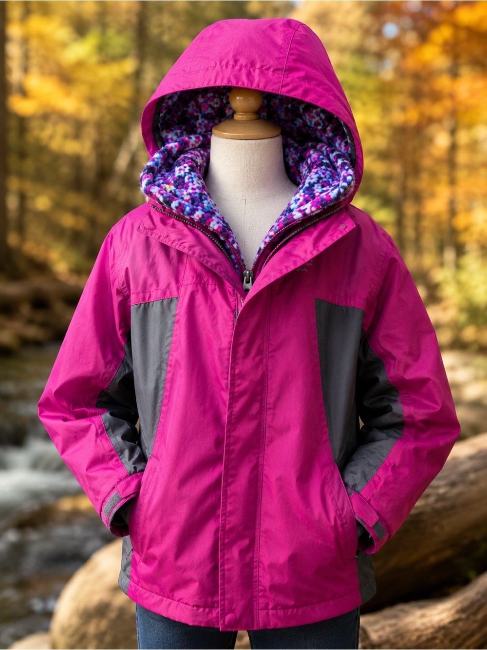 Columbia Youth Large Hooded Fleece Lined Jacket Pink Black Y2K Gorpcore Coat